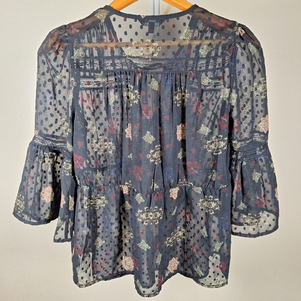 Lucky Brand Y2K Sheer Whimsigoth Vamp Boho Peasant Top Bell Sleeves Swiss Dots S